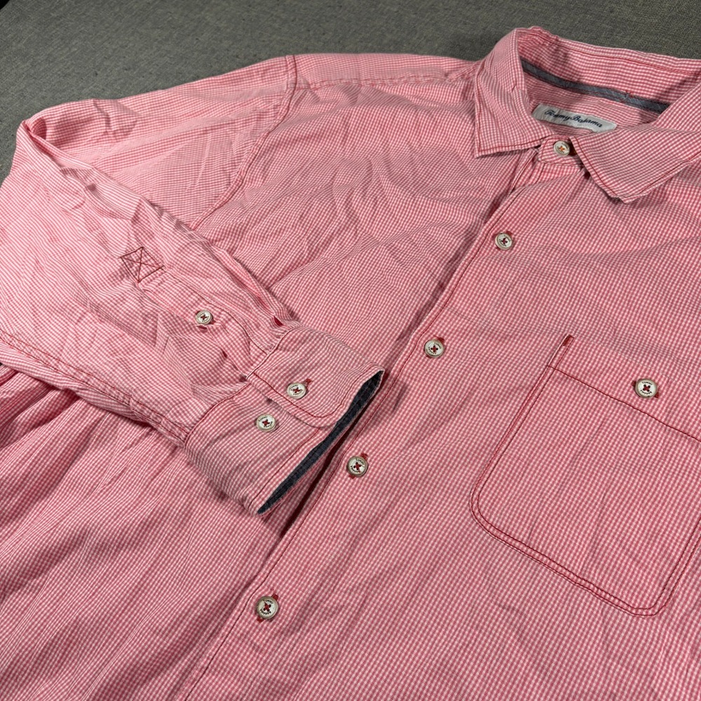 Tommy Bahama Button Down Shirt Mens L Red Gingham Tencel Cotton Long Sleeve
